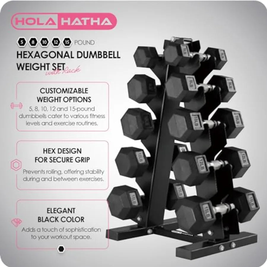 HolaHatha Hexagonal Rubber Dumbbell Weights Set with Rack for Home Gym 100 Lbs Total Capacity Black Portable Adjustable Dumbbel