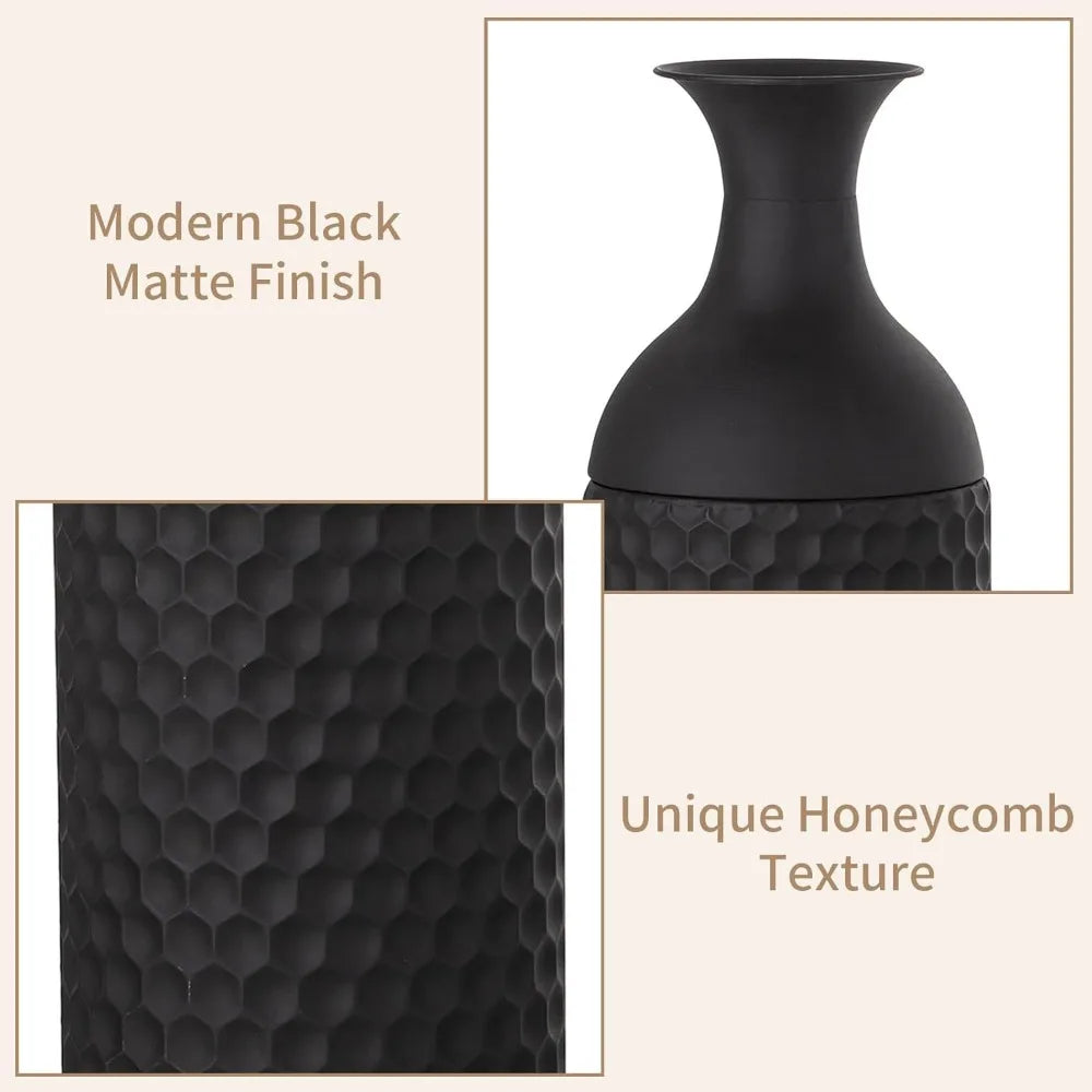Large Black Tall Vases - Set of 3 Modern Metal Floor Standing Vase with Honeycomb Texture for Living Room Decor
