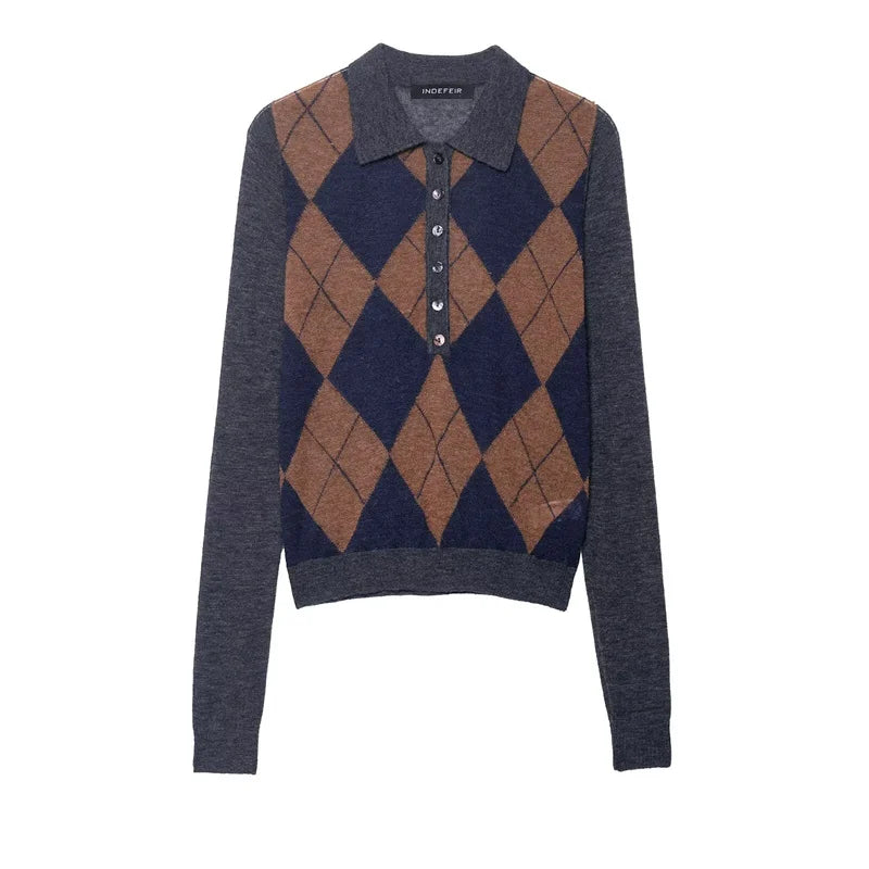 Women's Top 2025 Autumn New Style Color-Block Argyle Long-Sleeve Polo Collar Knit Sweater Casual Fashion Versatile