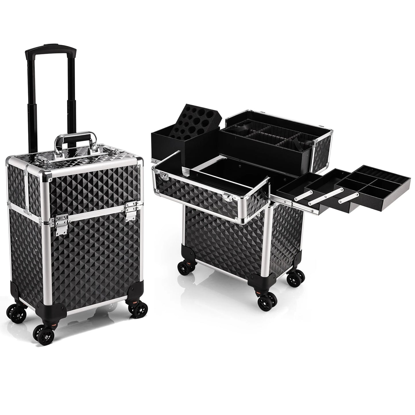 Rolling Makeup Train Case Large Storage Cosmetic Trolley 4 Tray with Sliding Rail Removable with Key Wheels Traveling Cart Trunk