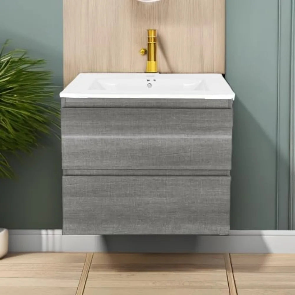 24" Wall Mounted Bathroom Vanity with Sink Grey Floating Vanity Two Drawers Bathroom Cabinet with White Ceramic Integrated Sink