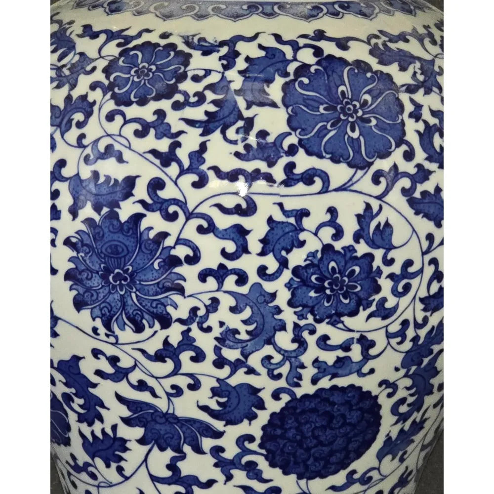 Large Antique-Inspired Blue and White Porcelain Floral Temple Jar Vase, Ming Dynasty Style, Handcrafted in Jingdezhen, China
