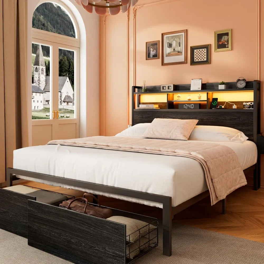 Queen Size Wood Headboard Bed Frame with Storage Shelf and Metal Platform Base, Including Storage Drawers and LED Lighting