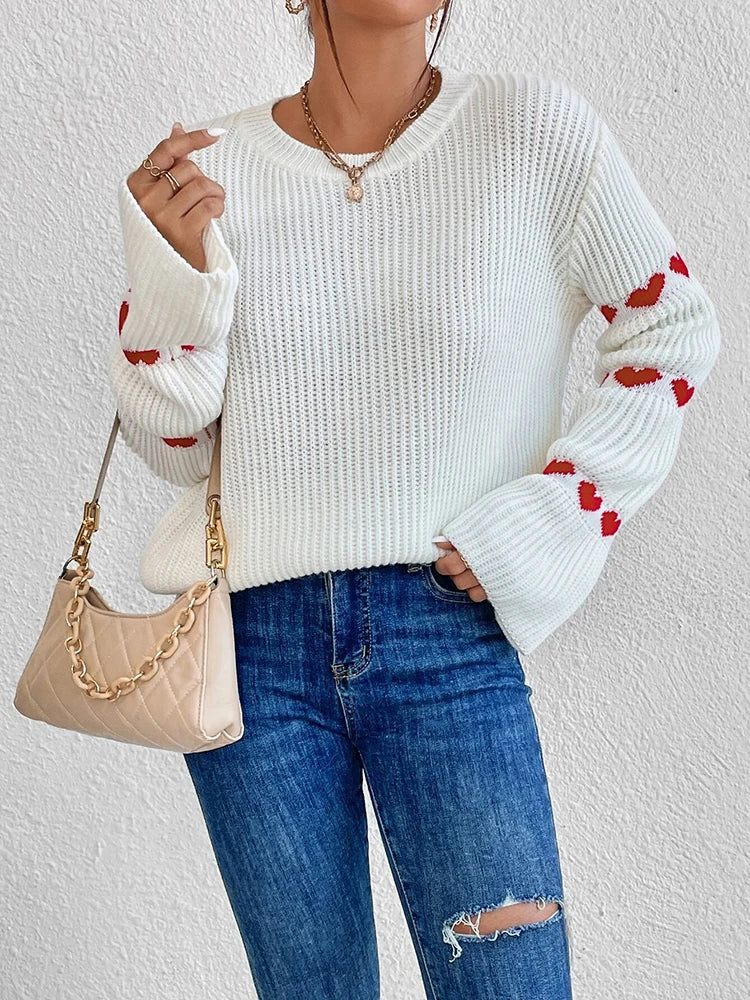 Fashionable and elegant sleeve small heart top women's knitted sweater round neck solid color