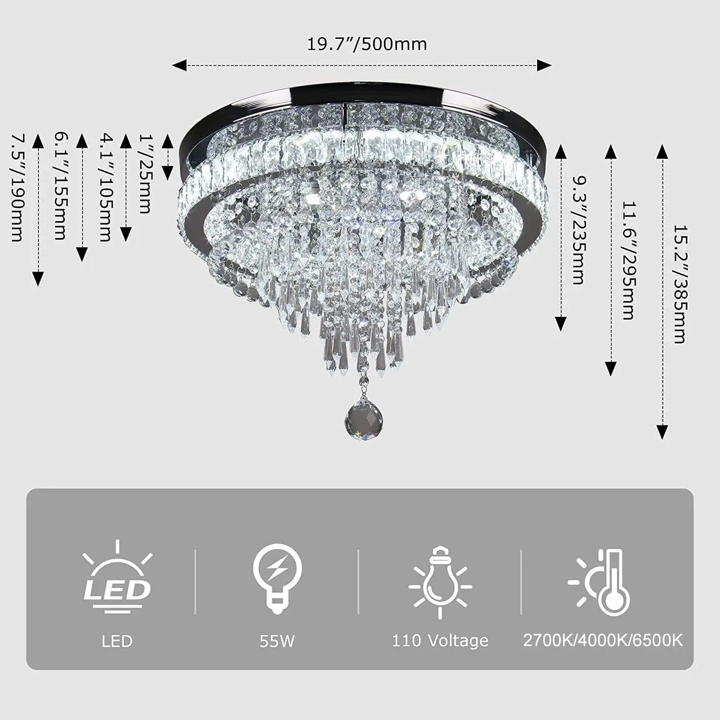 FRIXCHUR 19.7'' Crystal Chandelier Ceiling Light Living Room Modern Bedroom Chandeliers LED Flush Mount Light Fixture for Kitche