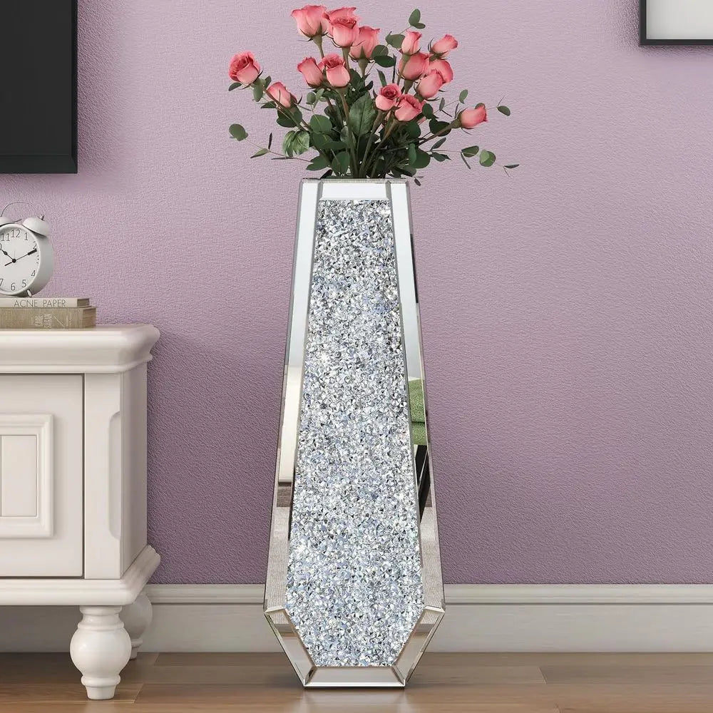 Large Crystal Glass Floor Vase with Crushed Diamond Mirror Effect, Silver Tall Decorative Vases for Living Room, Office, and Hom