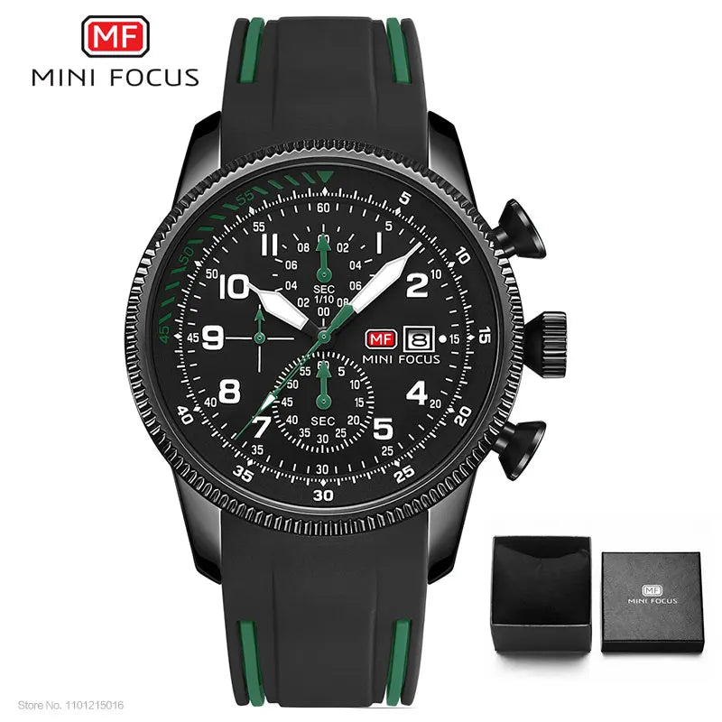 MINI FOCUS Military Sport Quartz Watch for Men Blue Silicone Strap Chronograph Luminous Wristwatch with Date Waterproof 0379