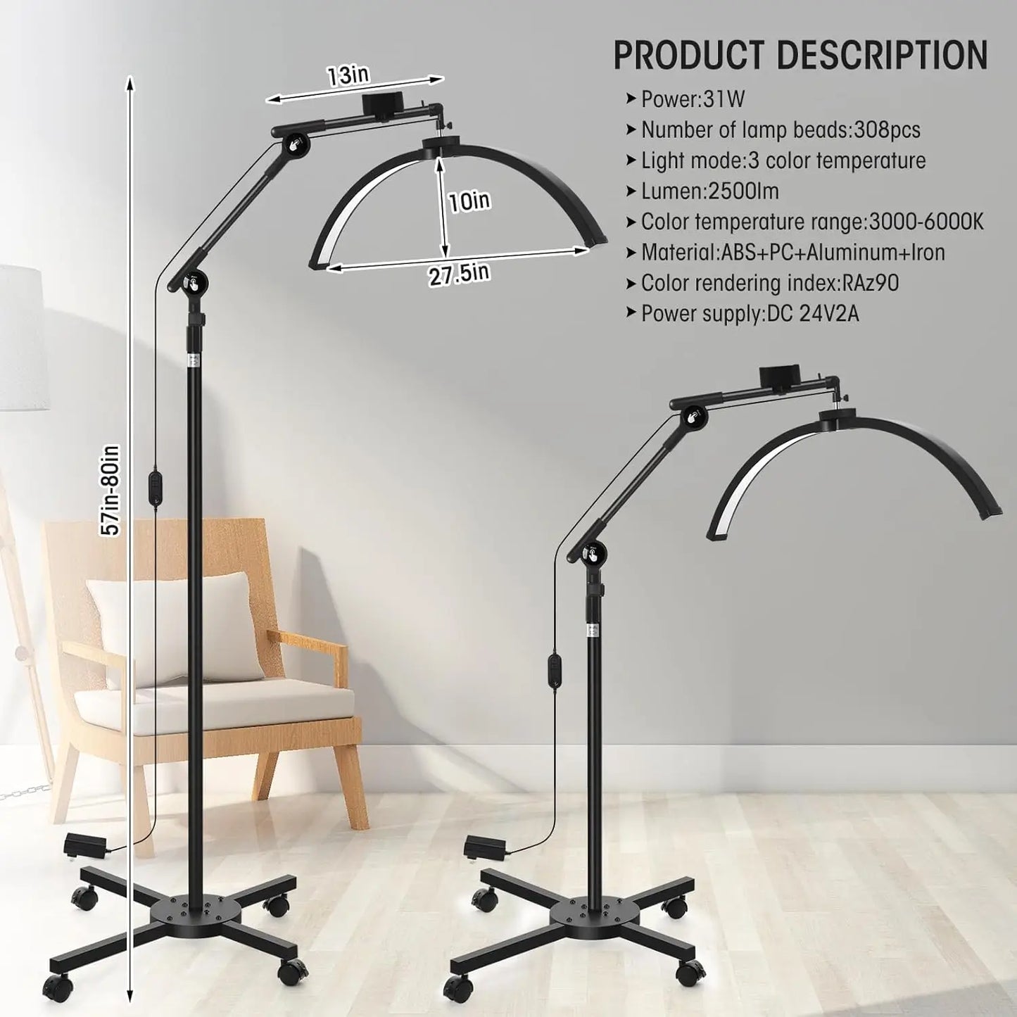 Half Moon LED Floor Lamp with Adjustable Height & Angle, Cool/Warm Light, Phone Holder for Eyelash & Skincare
