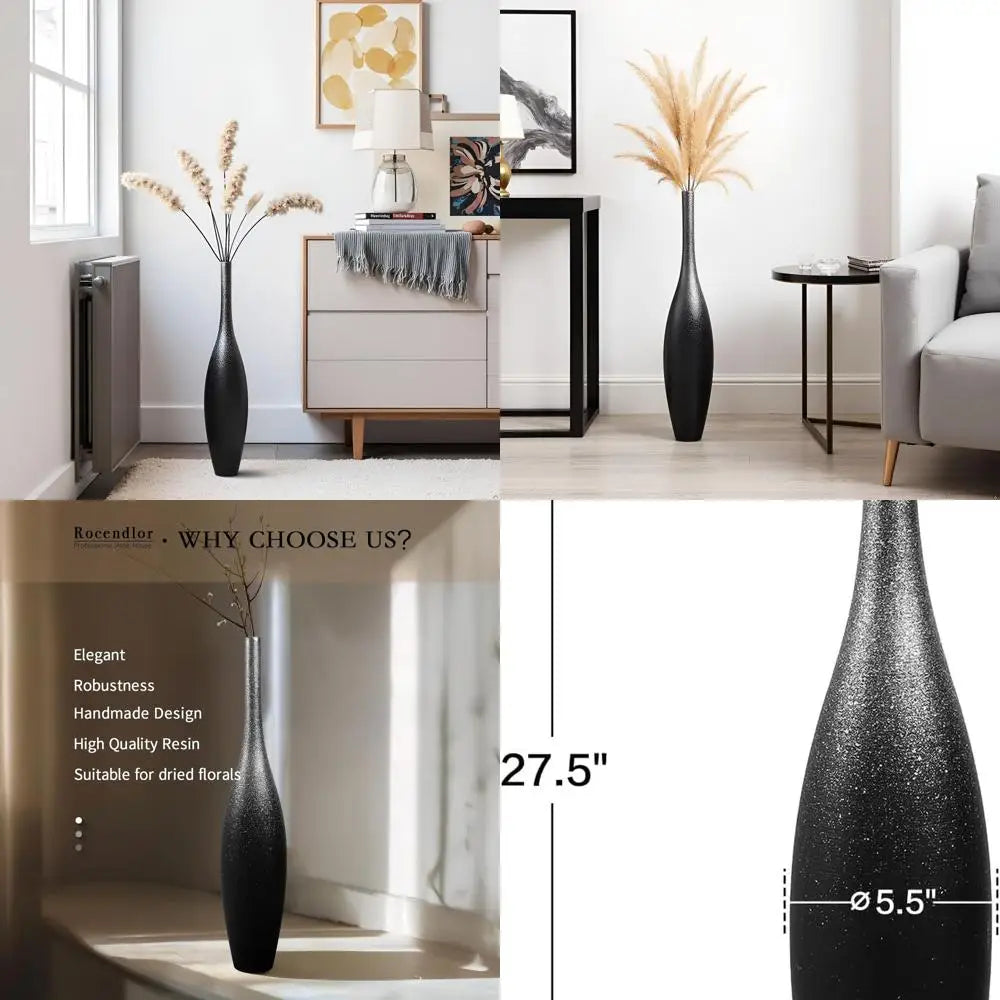 Large Decorative Modern Floor Vase - Black Silver Galaxy Ombre, Slim Neck, Weighted Base for Living Room, Entryway Home Decor