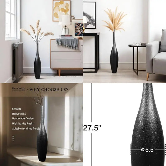 Large Decorative Modern Floor Vase - Black Silver Galaxy Ombre, Slim Neck, Weighted Base for Living Room, Entryway Home Decor