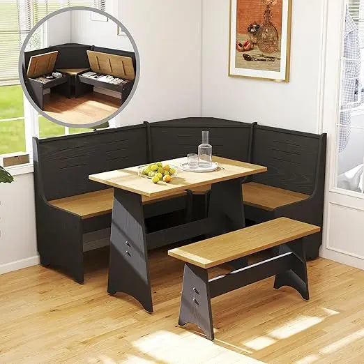 Space-Saving L-Shaped Breakfast Nook Set for 3-4 Seats with Hidden Storage - Corner Kitchen Dining Table and Bench Set in Farmho