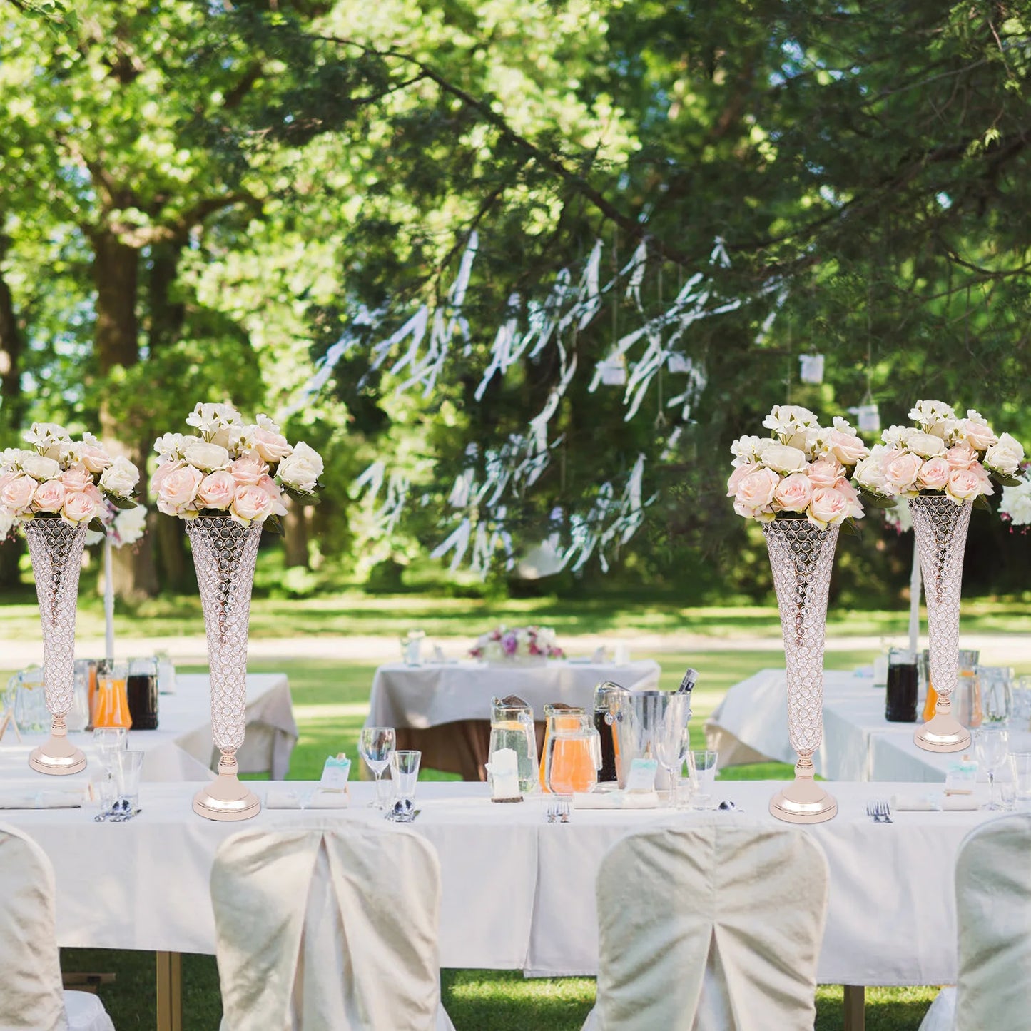 4 Pcs Elegant Gold Crystal Trumpet Floral Vase Set, Luxury Wide Mouth Vases with Sturdy Base for Home Bedroom Balcony Decor