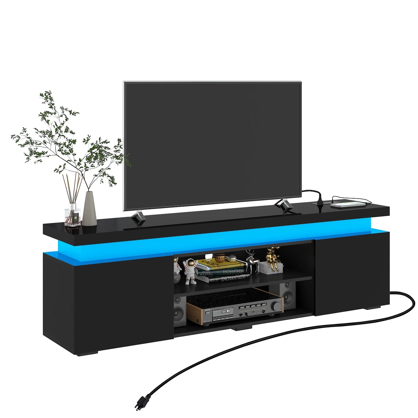 66 Inch LED TV Stand for 70/75 Inch TV, Modern Gaming TV Cabinet with Power Outlet, High Gloss Entertainment Center with Storage