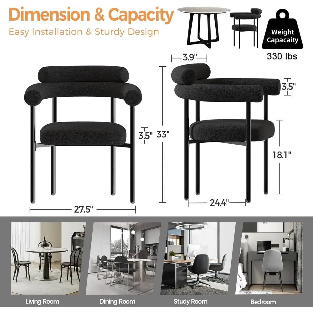 Modern Black Boucle Dining Chairs Set, 2-Piece Kitchen & Dining Room Chairs with Arms, Barrel Style for Contemporary Dining