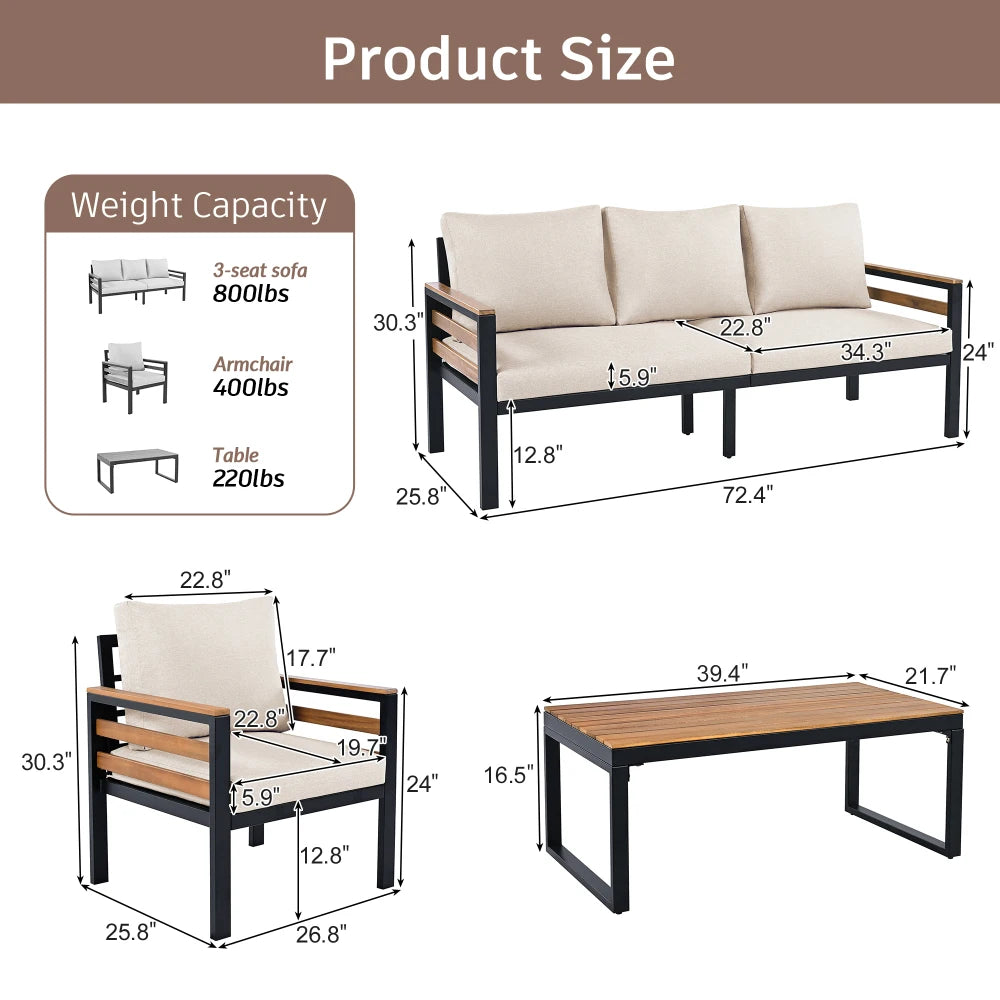 GO 4-Piece Outdoor Furniture Sofa Set for 5 People with Acacia Wood Armrests Patio Conversation Set with Removable Cushion