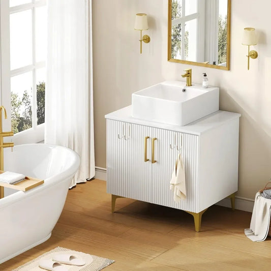 30 Inch Bathroom cabinet & Sink, Freestanding Storage Cabinet w/Engineered Stone Countertop, 2 Large Soft Closing Doors w/Shelf