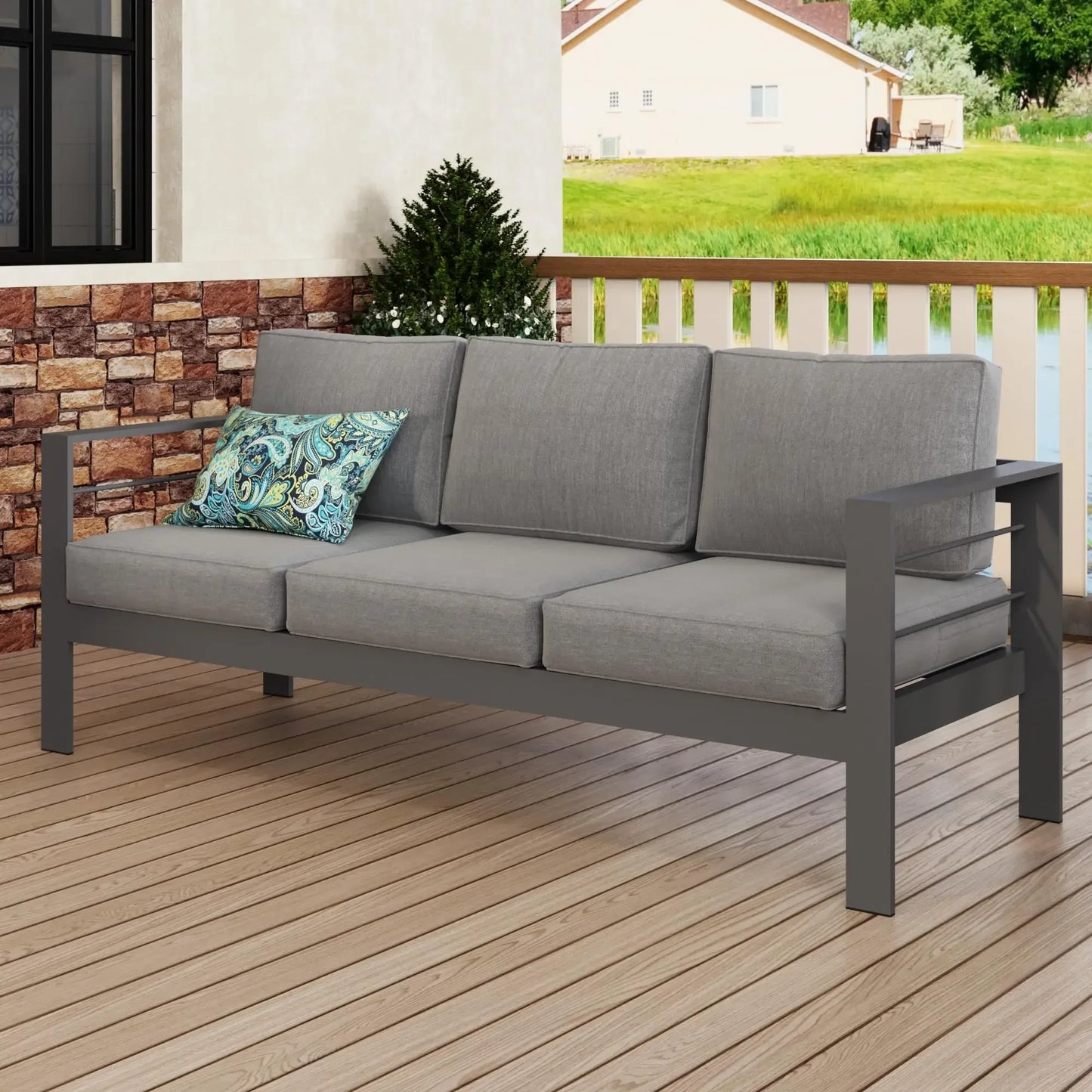 Outdoor patio sofa, three-seater metal frame with cushions, outdoor furniture