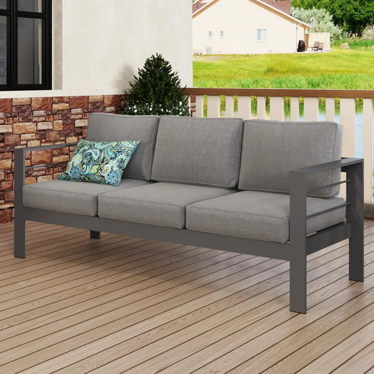 Outdoor patio sofa, three-seater metal frame with cushions, outdoor furniture
