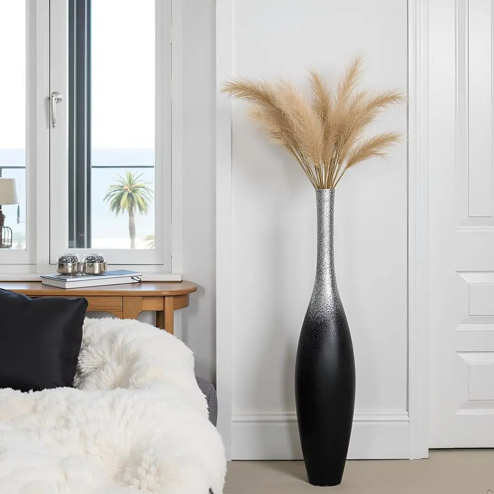 Large Decorative Modern Floor Vase - Black Silver Galaxy Ombre, Slim Neck, Weighted Base for Living Room, Entryway Home Decor