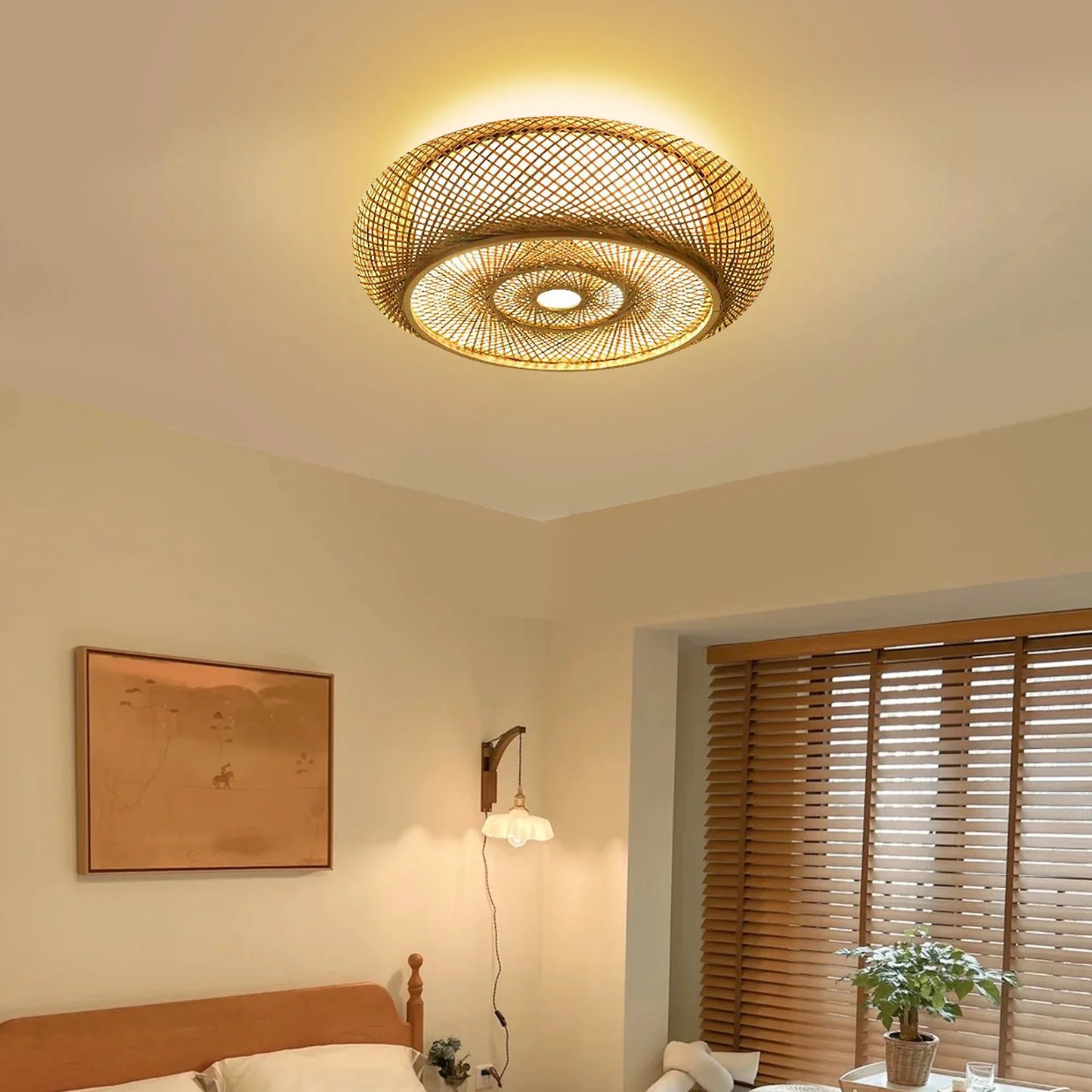 20" Vintage Bamboo Ceiling Lighting Fixtures Wicker Rattan Flush Mount Ceiling Light Bamboo Woven Ceiling Lights Basket Lantern