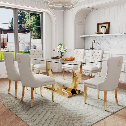 7-Piece Dining Room Set, 63" Gold Rectangular Glass Kitchen Table with 6 Beige High Back Chairs, Modern Glass Dining Table Set f