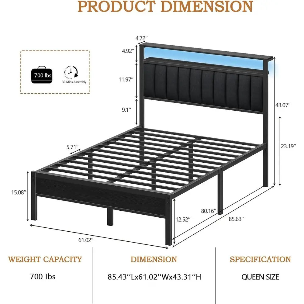 Grey Upholstered Queen Bed Frame with LED Lights, Charging Station, Storage Shelves, Metal Slats, No Box Spring Needed