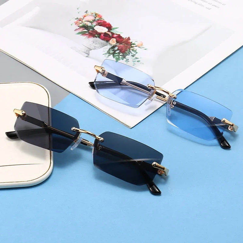 Fashion Rimless Rectangle Sunglasses Popular Women Men Shades Small Square Sun Glasses For Female Male Summer Traveling Oculos