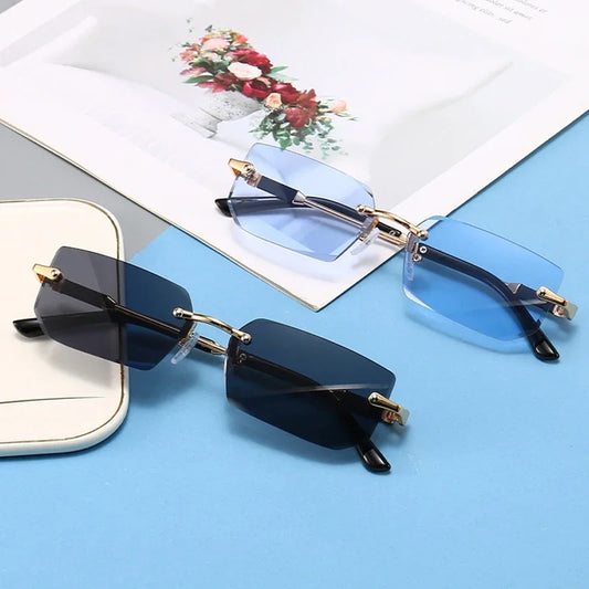Fashion Rimless Rectangle Sunglasses Popular Women Men Shades Small Square Sun Glasses For Female Male Summer Traveling Oculos
