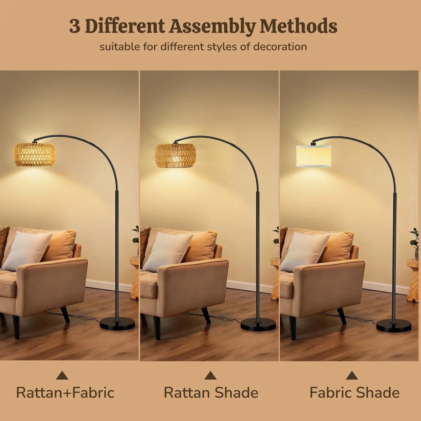 Arc Floor Lamp, Rattan Boho Standing Lamp with Remote, 3-Temperature Dimmable LED, Black Floor Light for Living Room, Bedroom, C