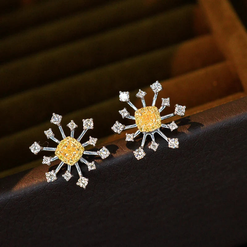 KUGG 100% 18K White Gold Earrings Romantic Elegant Style Real Natural Yellow Diamond Stud Earrings for Women High Party Jewelry