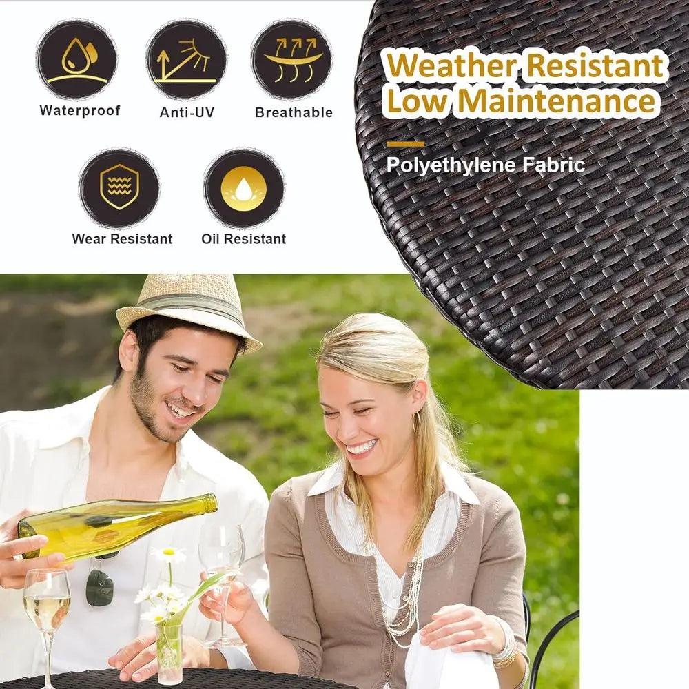 Folding 3-Piece Bistro Set with PE Wicker, Outdoor Patio Furniture, Round Table & Chairs for Garden, Balcony, Porch