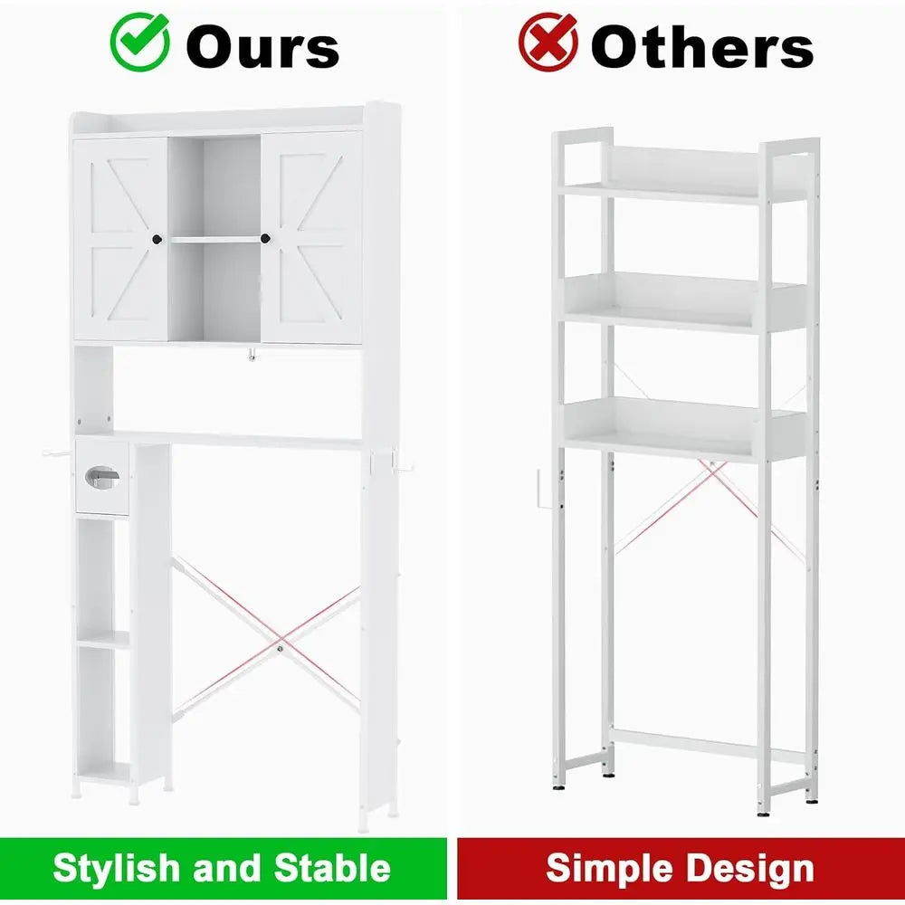 White Farmhouse-Style Metal Frame Toilet Storage Cabinet with 7 Adjustable Shelves and Paper Holder for Bathroom & Laundry Organ