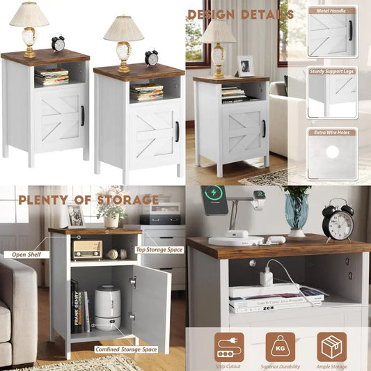 Modern Bedside Tables Set of 2, Nightstand with Barn Door and Open Shelf, Side Table for Small Spaces, Sleek and Compact Design