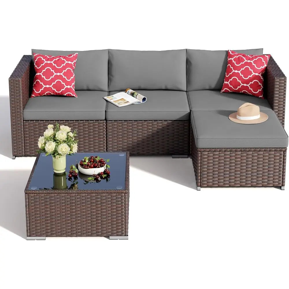 All-Weather Grey Outdoor Wicker Patio Sectional Set with Cushions and Glass Table