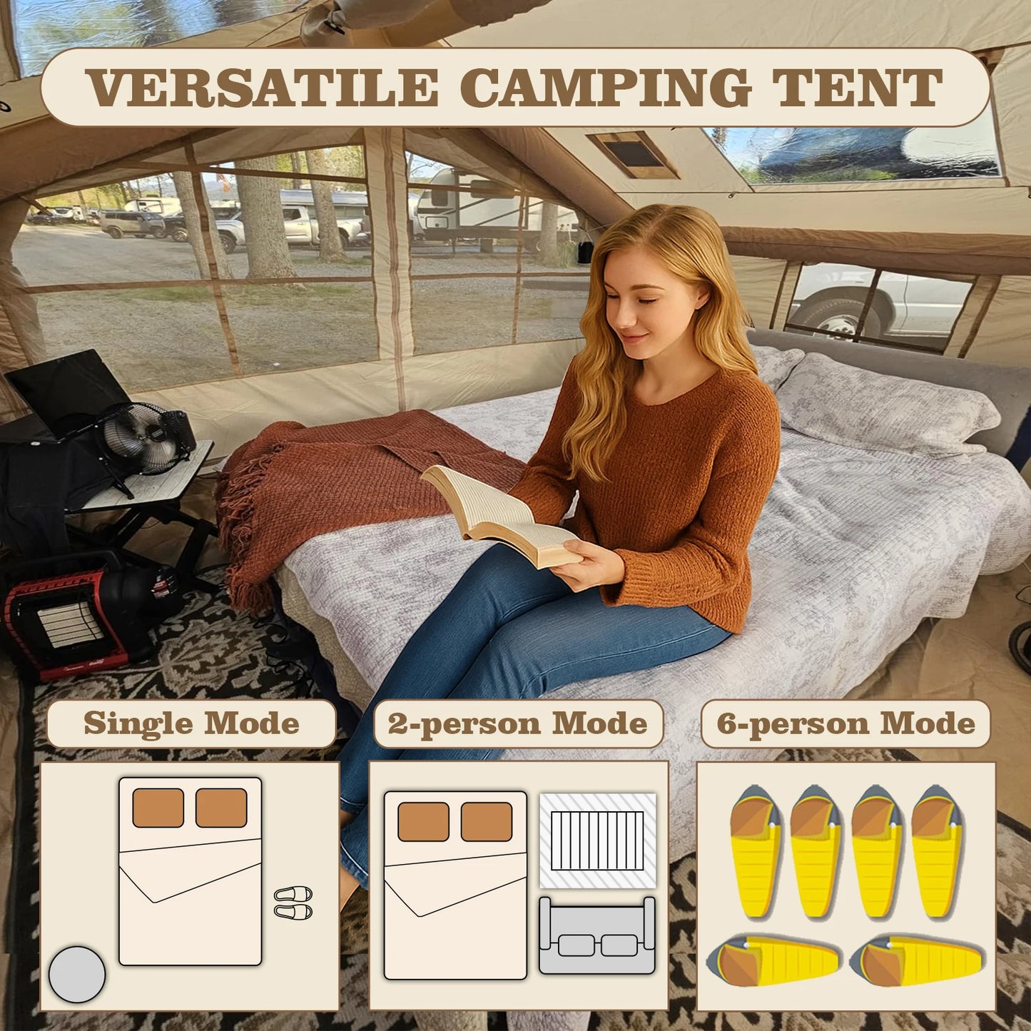 10'x 8' Inflatable Camping Tent,4 Season Blow up Tents for Camping,Large Inflatable Tent 6-8 Person with Jack Stove,AC Vent