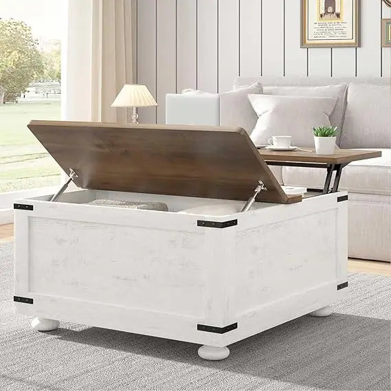 White Farmhouse Coffee Table with Storage, Square Lift Top Coffee Table with Hydraulic and Wood Gourd Feet for Living Room, Whit