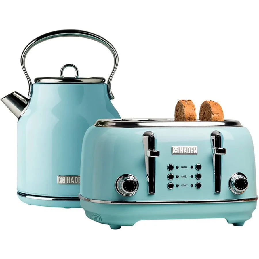 4Slice Wide Slot Stainless Steel Toaster with 1.7 Liter Stainless Steel Electric Water Kettle in Turquoise and Chrome Finish Id