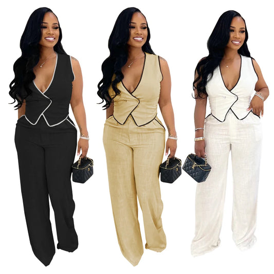 Women Clothing Fashion Elegant Sets Casual V-Neck Button Down Tops and Long Pants Suit 2025 Summer Loungewear 2piece Set Outfits