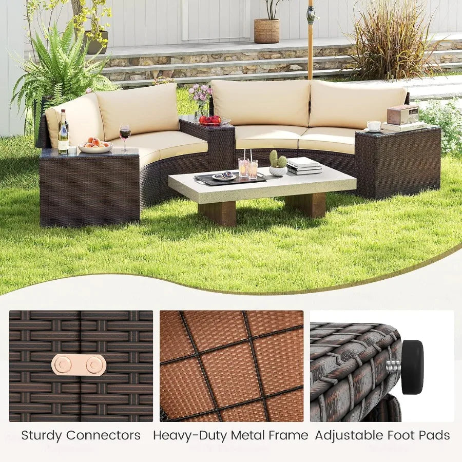 5 Pieces Patio Furniture Set with PE Rattan HalfMoon Curved Sectional Sofas and Tempered Glass Top Side Tables for Outdoor Conv