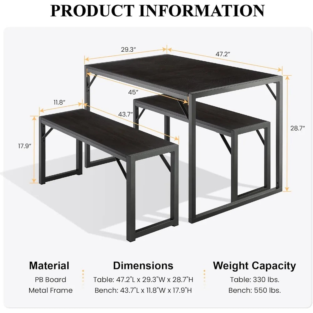 Rustic 4-Person Dining Table Set with Benches for Small Spaces, Durable Metal Frame
