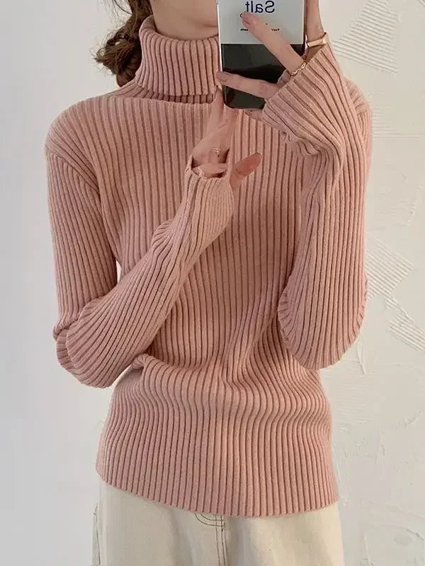 Autumn Winter Warm Thick Women Sweater Pullover Basic Korea Ribbed Sweaters Cotton Tops Knitted Solid Turtleneck with Thumb Hole
