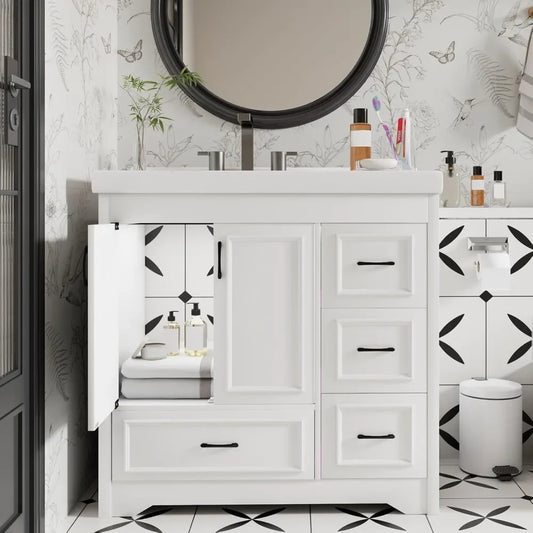 36 Inch Bathroom cabinet with Sink, Bathroom Sink Cabinet with 2 Doors, 4 Drawers, Ceramic Basin (No Faucet)