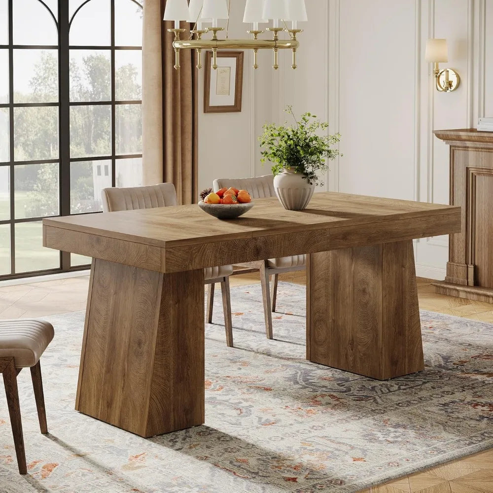 55-Inch Dining Table for 4-6, Rectangular Dining Room Table with Sturdy Legs, Wood Kitchen Dinner Table, Mid-Century