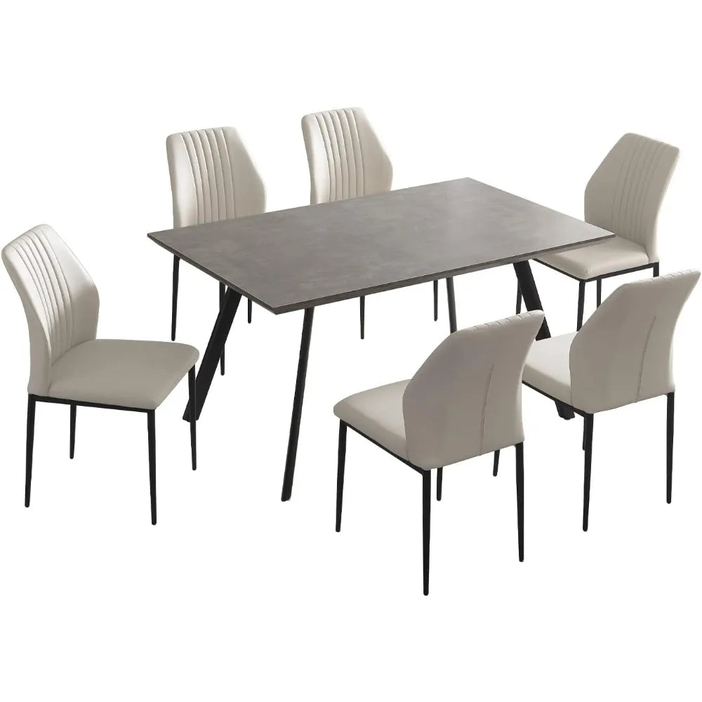 7 Piece Dining Table Set with 6 Chairs 59 Inch Kitchen Table And Chairs Metal Frame Suitable for 4-6 Persons