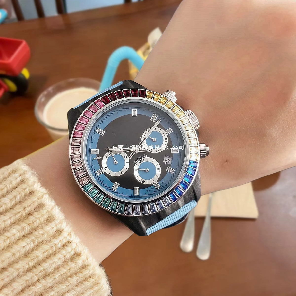 Luxury Mens Watch Genuine Stainless Steel Strap Alloy Case Three Eye Six Hands Chronograph Diamond Accent High Quality