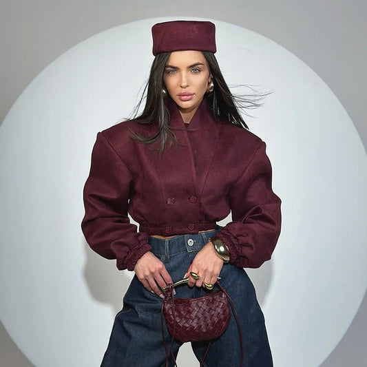 European and American women's clothing 2025 spring new fashion burgundy thin V-neck double-breasted long-sleeved short jacket
