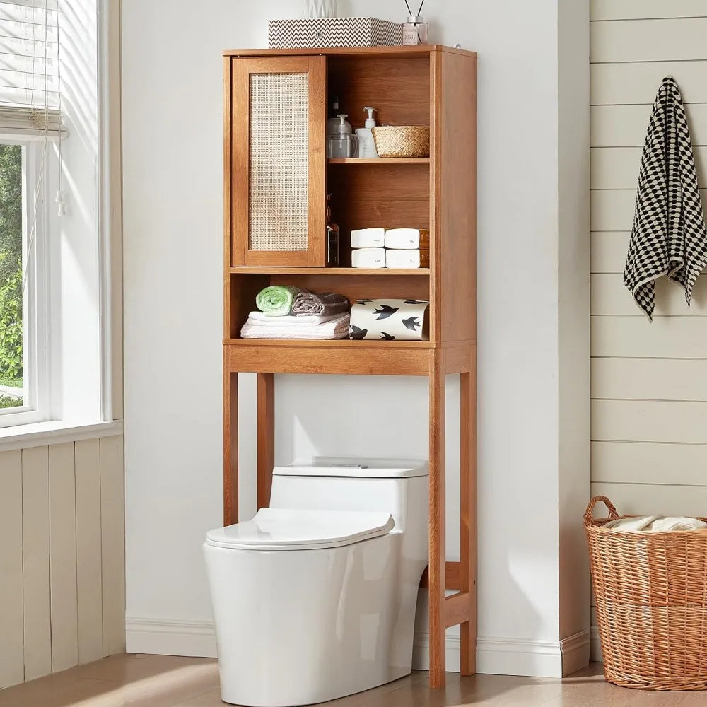 Over Toilet Storage Cabinet with Rattan Sliding Door, 68 Tall Wood Bathroom Organizer with Adjustable Shelves