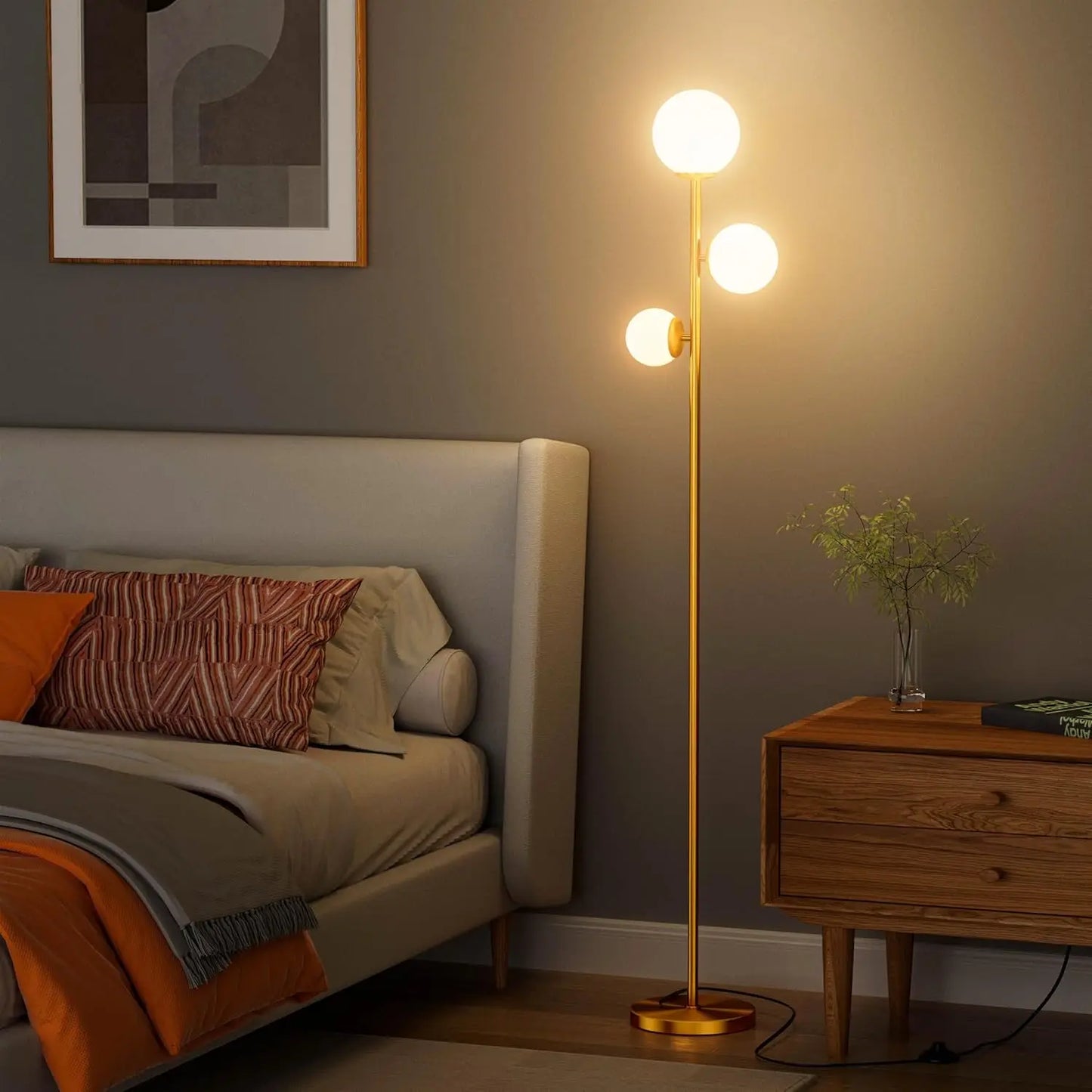 Floor Lamp with 3 Frosted Glass Shades, LED Floor Lamp for Living Room Bedroom Office, Gold with Foot Switch