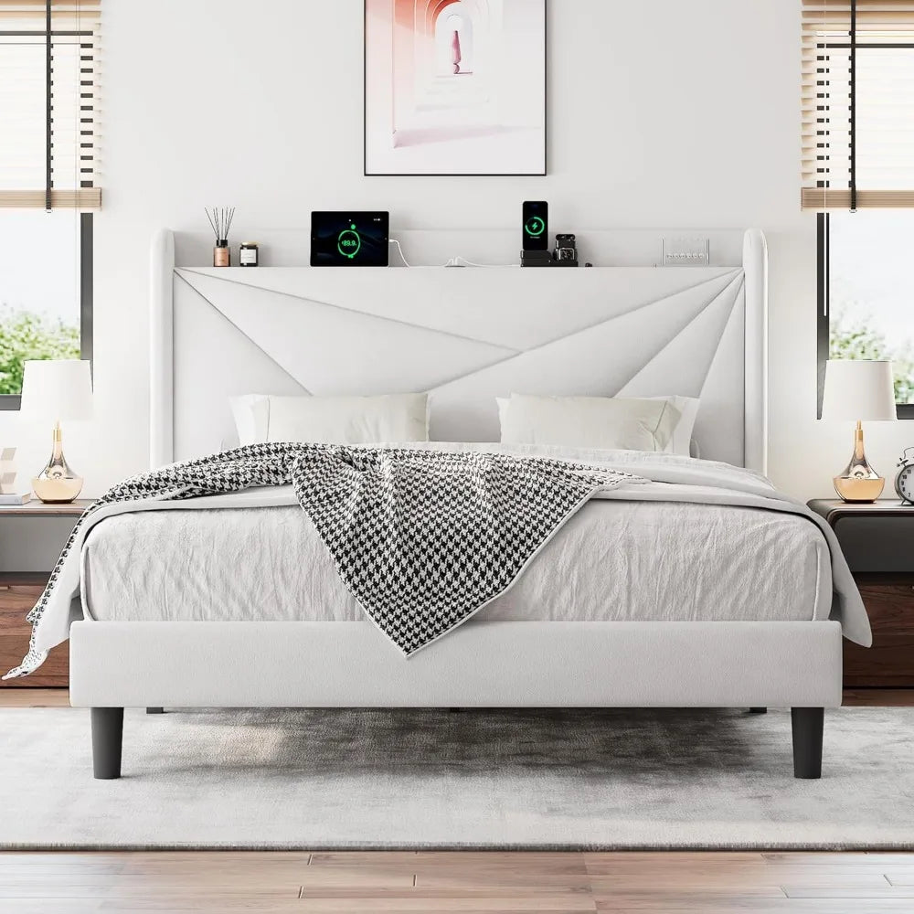 Queen Size Bed Frame with Upholstered Headboard, Storage and Charging Station, Wood Slat Support