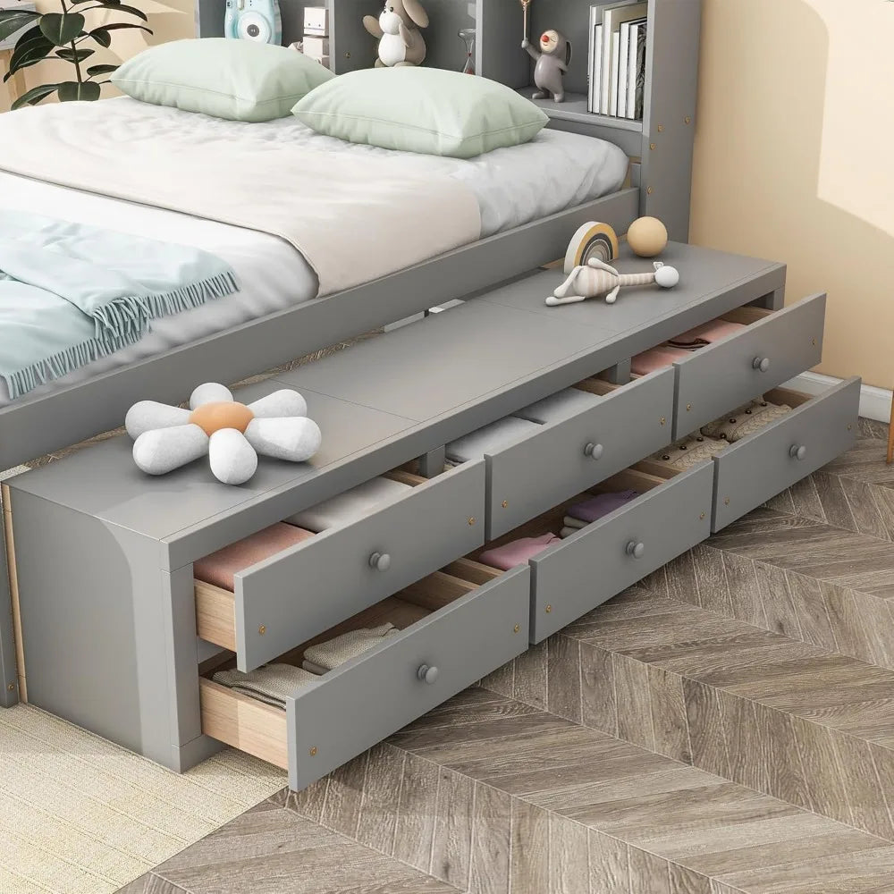 Gray Full Size Captain's Bed with Storage and Bookcase Headboard, Bed Frame for Bedroom, No Box Spring Needed
